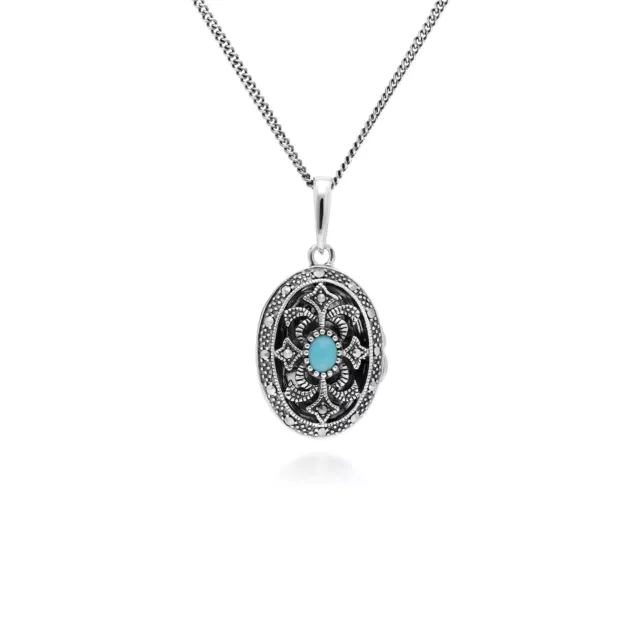 Art Nouveau Style Ovale Turquoise & Marcassite Collier Médaillon en Argent