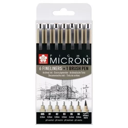 Etui de 6 feutres Pigma Micron + 1 feutre pinceau brush - Sakura Pigma Micron