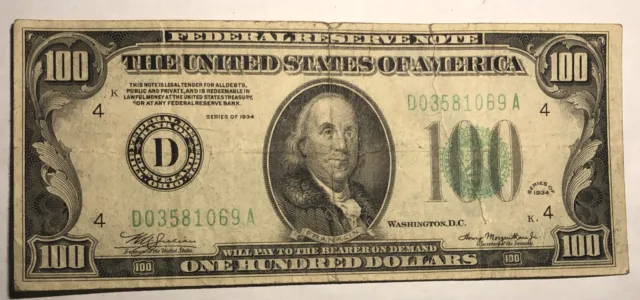1934 green seal $100 bill. Federal Reserve Note D Cleveland Fine FR-2152D #6