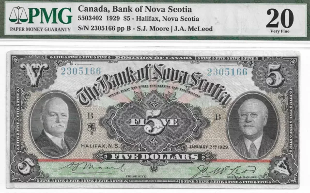 1929 Bank of Nova Scotia $5 ch.550-34-02; PMG graded VF-20