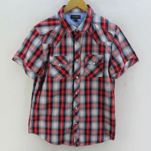 Just Jeans Shirt Mens Adult Size Medium Red White Short Sleeve Button Up Casual