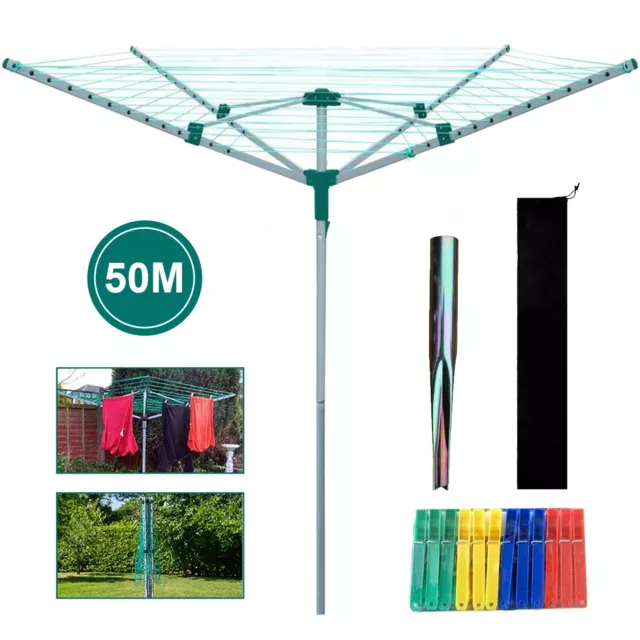 Rotary Airer 50M Outdoor 4 Arm Clothes Washing Line Dryer Ground Spike & Cover