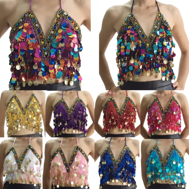 MUNAFIE Belly Dance Costume Sequin Tassel Fringe Top Bra Coins Chiffon Dance Top