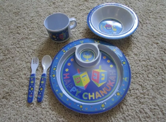 Juego de vajilla de 5 piezas para niños CHANUKAH tazón taza tenedor cuchara Hanukkah