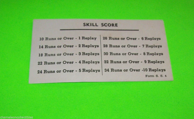 SKILL SCORE ORIGINAL 1950s-1960s VINTAGE ARCADE GAME REPLAY CARD #2