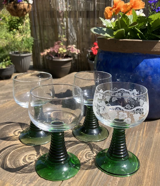 Vintage France Luminarc Wine Hock Glasses  4 Beehive Stem Green Not All Matching