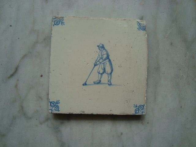 17th century delft handpainted dutch  tile,around 1650 , golf, sport , kolf
