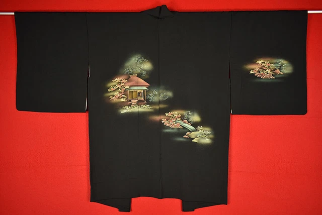 Vintage Japanese Kimono Silk Antique BORO Black HAORI Kusakizome Dyed/B815/575