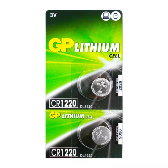 2 X GP Lithium CR1220 Piles 3V Boutons Cellule DL1220 KCR1220 BR1220