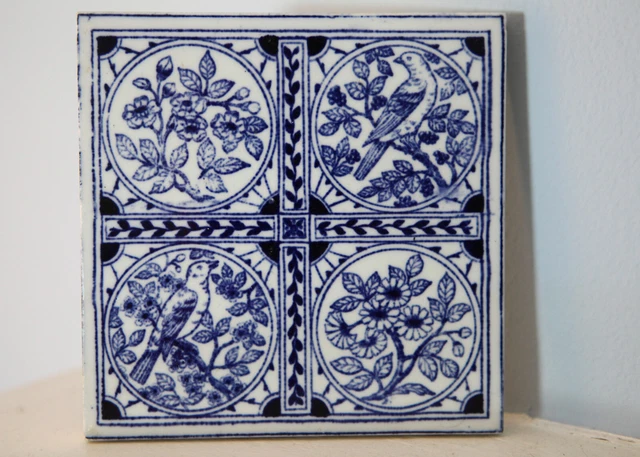 Vintage MINTON HOLLINS & CO BLUE and WHITE TILE -  Song Birds & Flowers - 3 of 6