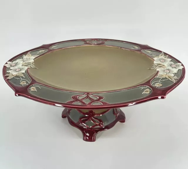 ART NOUVEAU EICHWALD B BLOCH & Co MAJOLICA MAROON COMPOTE PEDESTAL PLATE 4542