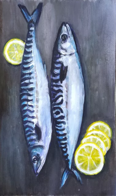 Mackerel Artwork Food Wall Art Fish Art Kitchen Original Hand Oil Paintings