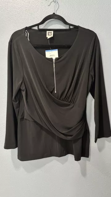 NWT $69 Anne Klein Womens XL Black Knit Half Zip  3/4 Sleeve Top