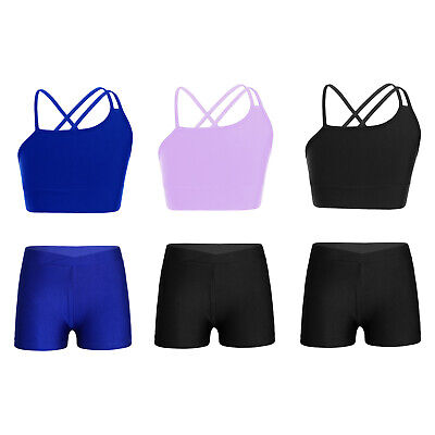 Girls Athletic Sportswear Criss Cross Straps Cropped Vest Tops and Shorts Set