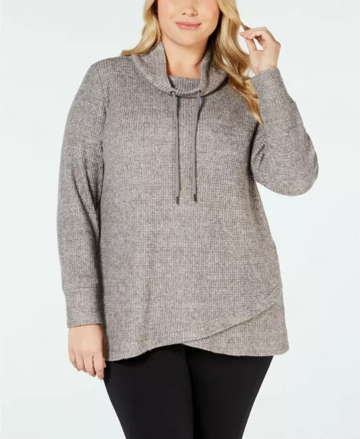 Ideology Women's Long Sleeve Cowl-Neck Tulip-Hem Sweater Gray Plus Size 1X