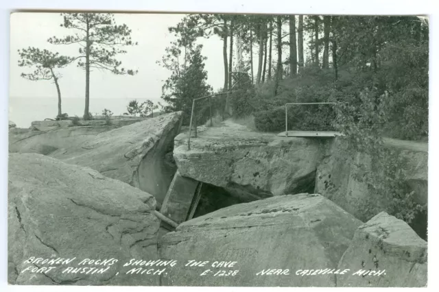Caseyville MI The Cave and Broken Rocks at Port Austin RPPC 1948
