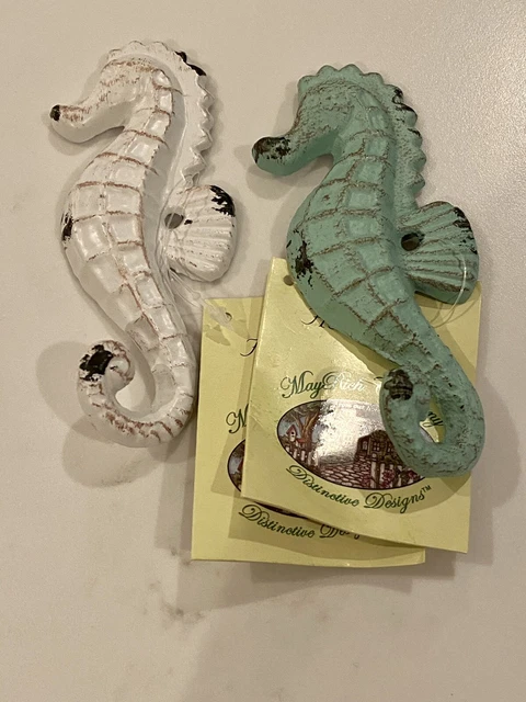 Cast Iron Coastal Marine Nautical Seahorse Wall Hooks Decor Sculpture Set of 2