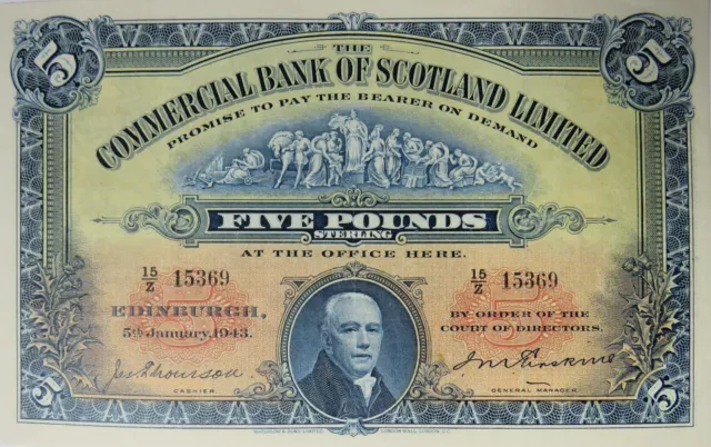 1943 The Commercial Bank Of Scotland £5 Five Pound Banknote GVF