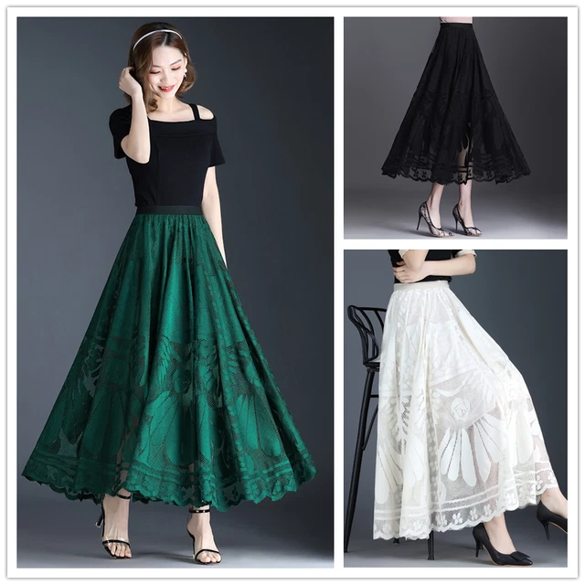 Jupe Midi Trapèze Brodée Dentelle - Style Rétro Floral, Hauteur Taille Haute, Lavage Main