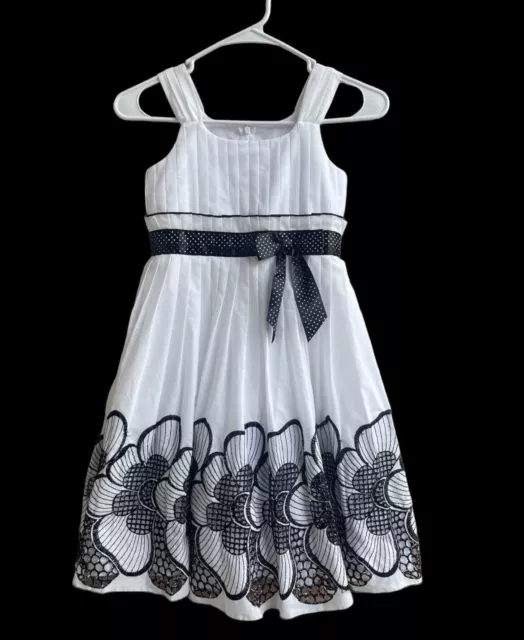 Girls Bonnie Jean Dress 6x Sleeveless White W/ Black Flower Embroidery Cutouts