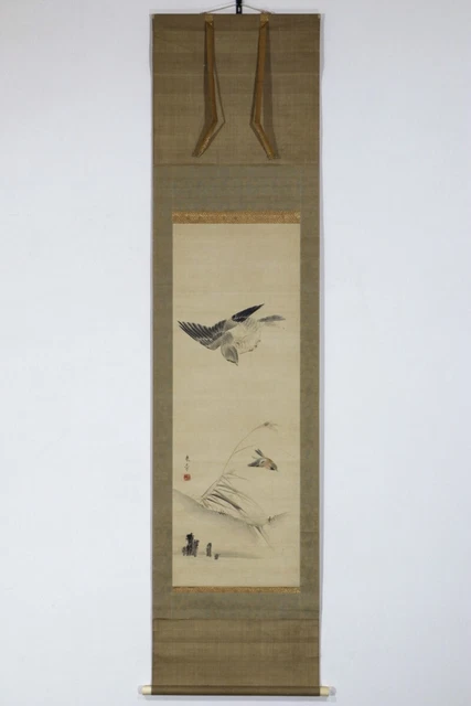 [Authentic] Hanging scroll "Nakajima Raisho Hawk and Sparrow" Bakumatsu-Meiji