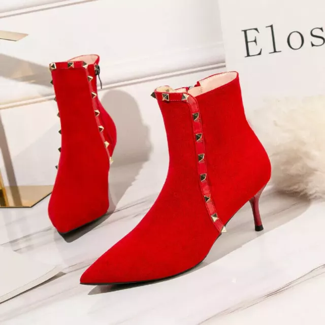 Bottes Cheville Cuir Synthetique Rouge Rivets Bottines 6 CM 9129