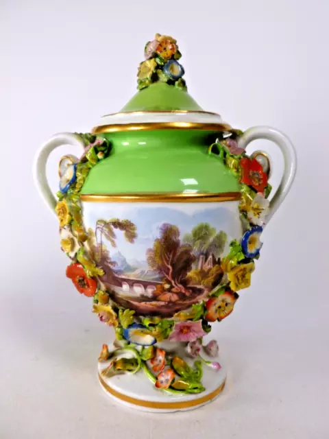 BLOOR DERBY FLOWERS ENCRUSTED TWIN HANDLED VASE WITH HAND PAINTED PANELS c.1825