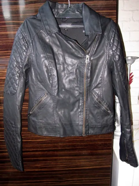 TOPSHOP black faux leather quilted detail biker jacket size 8