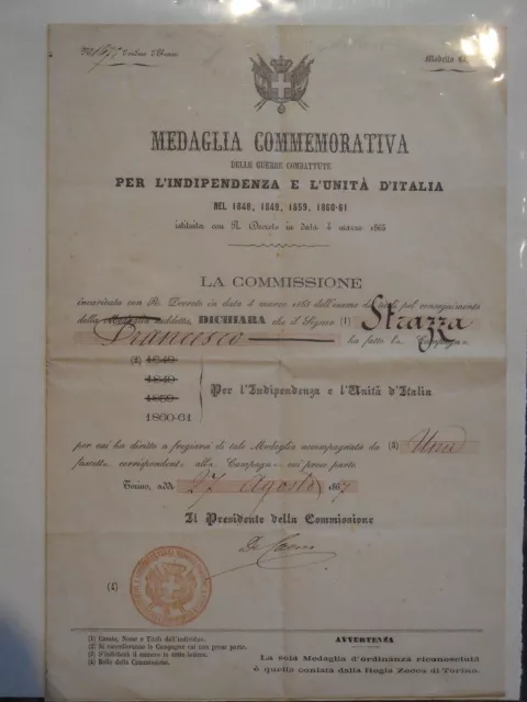 attestato diploma per medaglia campagne di Indipendenza 1860 1861