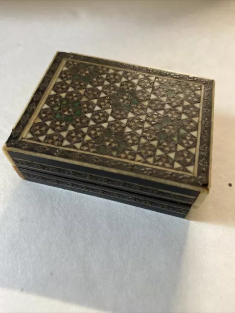 Vintage Persian? Inlaid Wood Small Trinket Storage Box Mother Of Pear 2.5”x2”