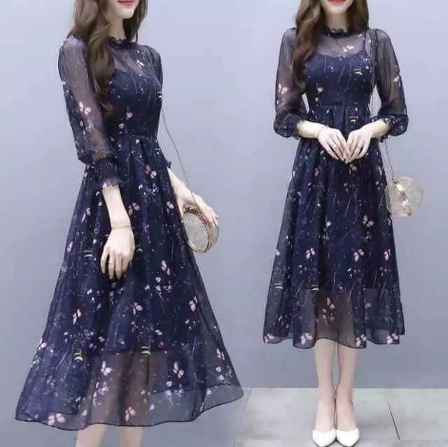 Womens Fashion Butterfly Print Long Sleeves Elastic Waist Chiffon Midi Dress daw