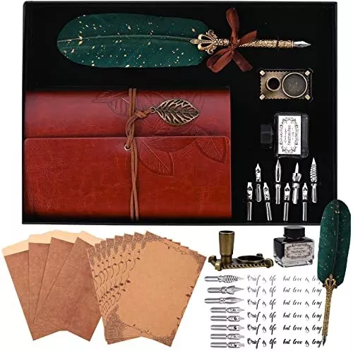Quill Pen and Ink Set with Leather Notebook Vintage Calligraphy Set for