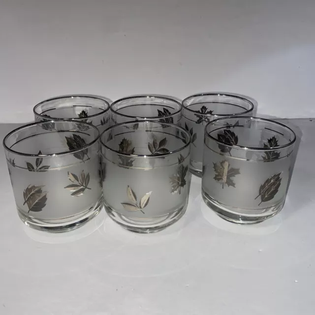Libbey 6 rocks cocktail glasses frosted silver leaf leaves 3-1/4"- 4 ounce.  MCM