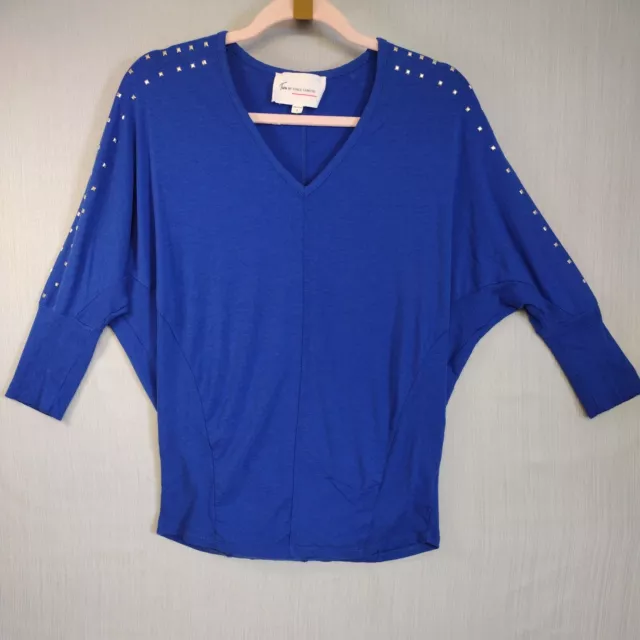 Two By Vince Camuto Women's Blue Beaded V-Neck  3/4 Sleeve Top Size Small