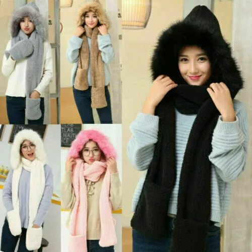 Scarf Winter Gloves Hat Snood Hood Integrated Women Warm Fluffy Pocket Hats