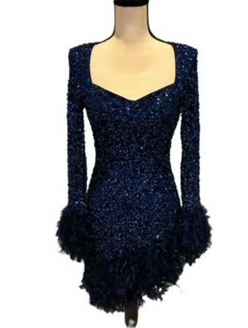 ASOS Luxe Navy Blue Sequin Faux Feather Heart Cut Out Back Mini Dress 2 $140