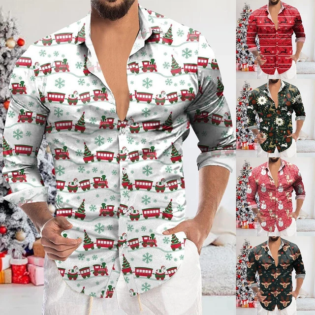Camicie a maniche lunghe da uomo Dapper e sofisticate stampa natalizia abbottona
