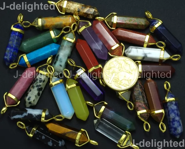 Mixed Natural Gemstone Hexagonal Point Reiki Chakra Pendant Necklaces Beads Gold 2