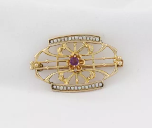 10k Yellow Gold Pink Cubic Zirconia & Seed Pearl Pin Antique Victorian