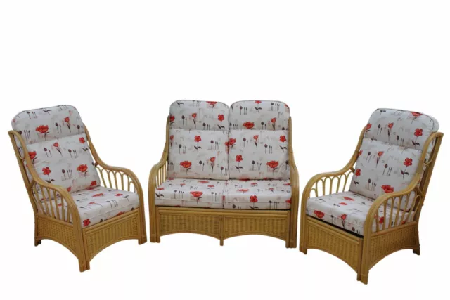 Sorrento Cane Conservatory Furniture 3 Piece Suite - 2 Chairs and a Sofa- Poppy