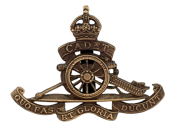 BRITISH ARMY ROYAL ARTILLERY CADET metal cap badge ANTIQUED brass LARGE ...