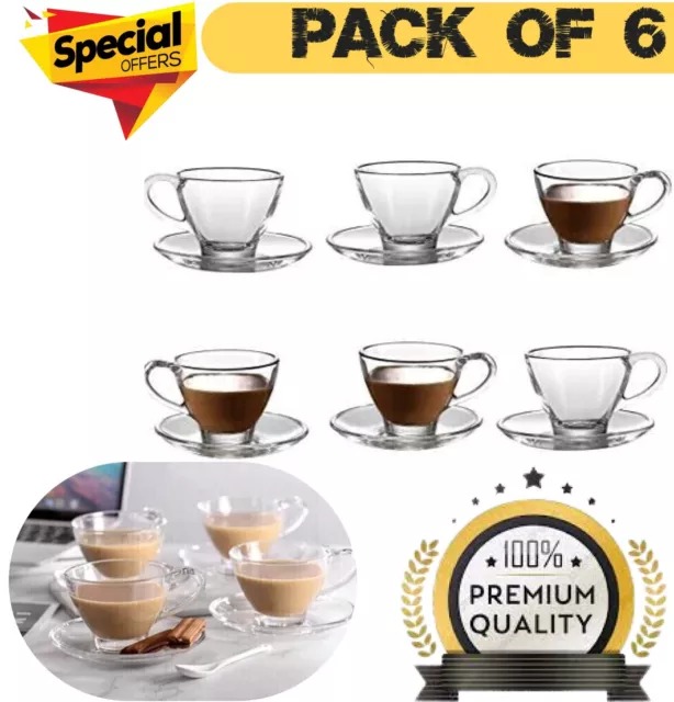 Royal Cuisine Cup Saucers Set Clear Glass Coffee Cappuccino Tea Set of 6 Cups UK