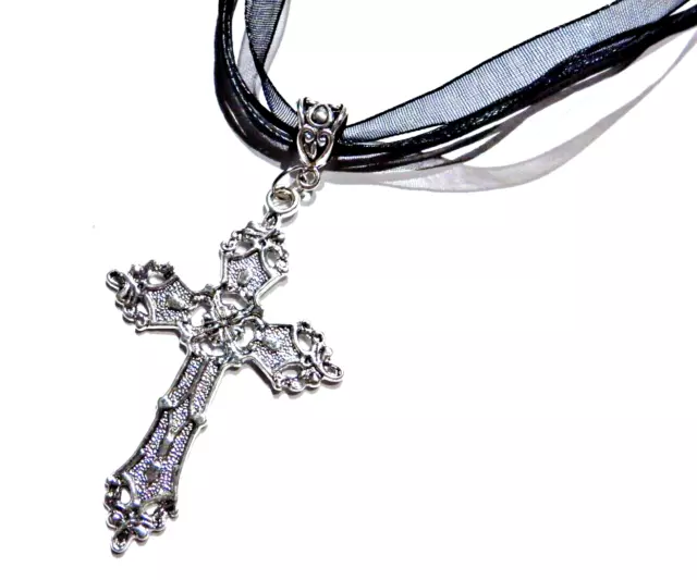 BLACK RIBBON SILVER CROSS CHOKER ornate crux pendant gothic necklace vampire R3