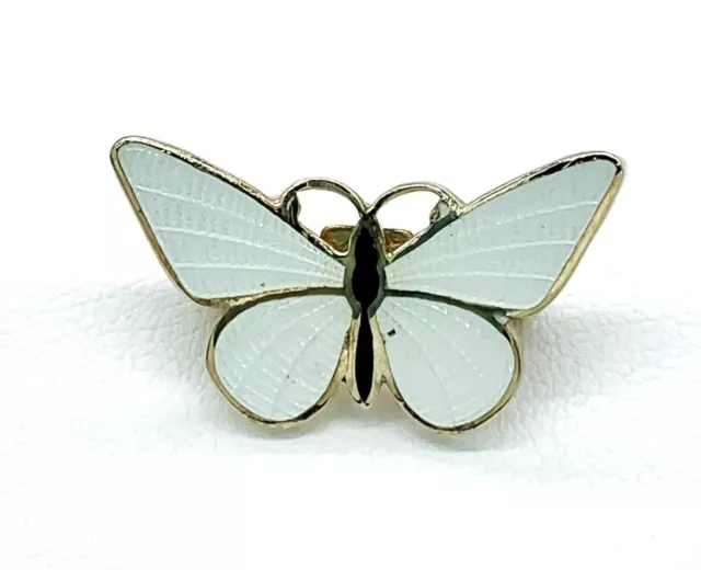 Vintage Mid Century White Black Guilloche Enamel Gold Tone Butterfly Pin Brooch