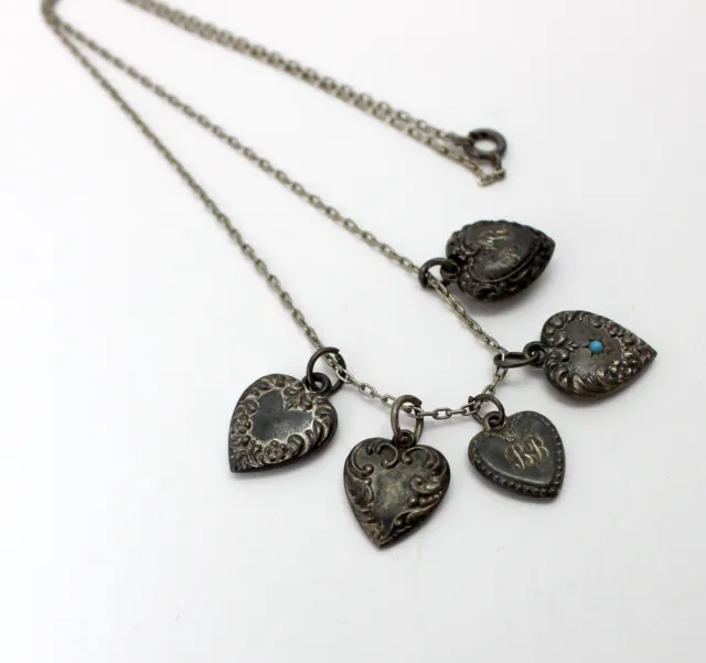 Lot of 5 Antique Sterling Silver Puffy Heart Charms Pendants on Chain Necklace