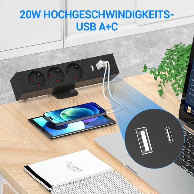 TISCHSTECKDOSE MIT USB C 3 Fach Steckdosenleiste Mehrfachsteckdose 1,8M