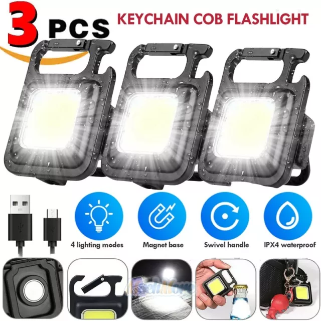 3x 800 Lumens LED COB Mini Flashlights Bright Rechargeable Keychain Work Lamp US