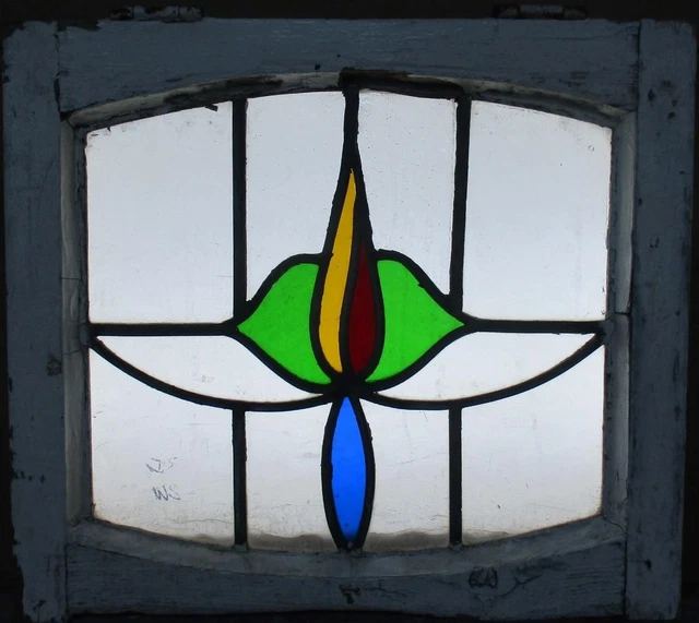 OLD ENGLISH LEADED STAINED GLASS WINDOW Abstract Floral 19" x 16.75" 2