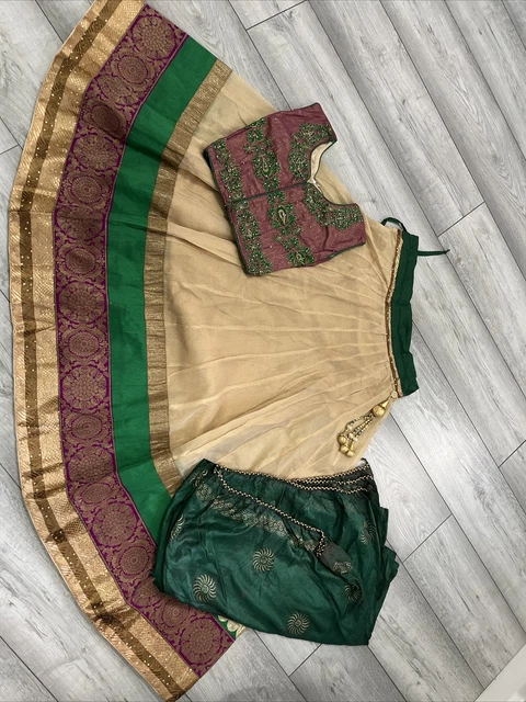 Chaniya Choli bambina età 10 anni beige viola e verde