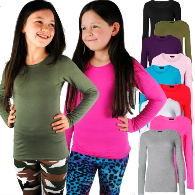 Kids girls plain long sleeve top slim fit round neck soft stretch 3 - 13 years